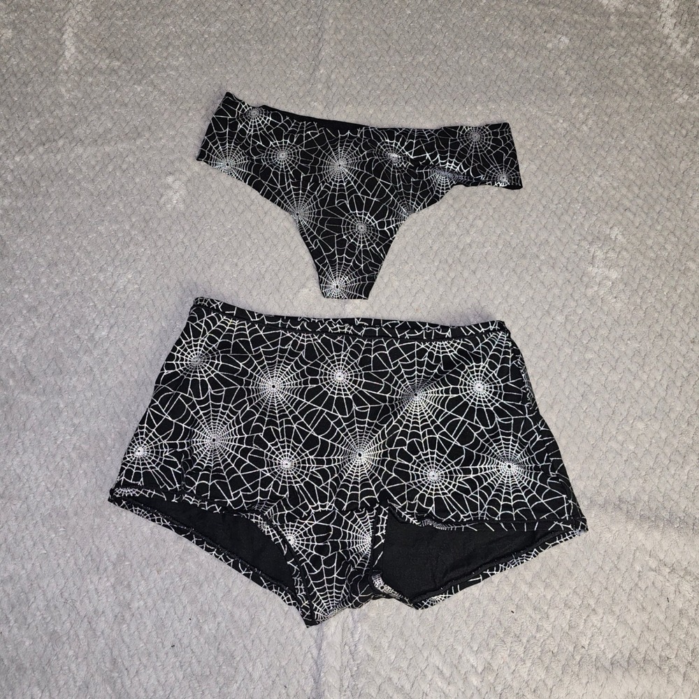 PINK Victoria's Secret Bottoms M Black Spiderweb Halloween Thong Boyshort 2PC